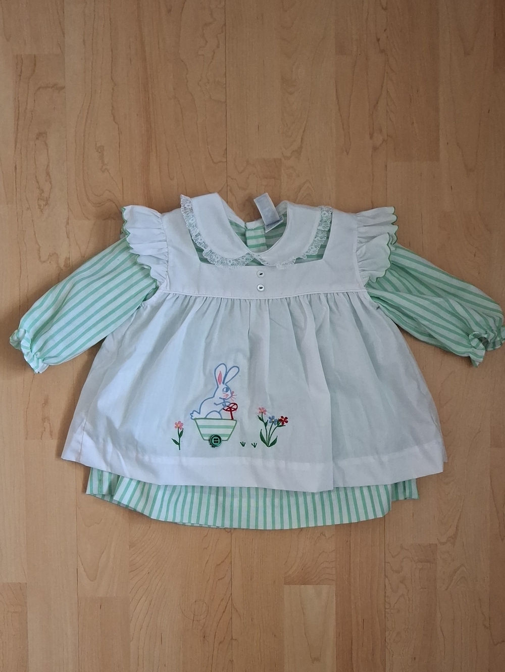 Vintage Jo-Joe  Striped Green and White Bunny Appliqué Apron Dress